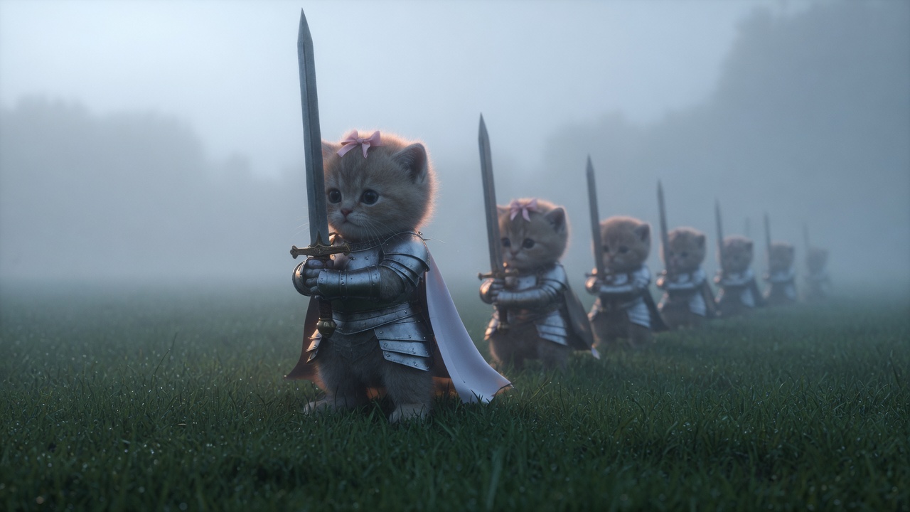 The ginger kitten knight in the foreground, with a line of smaller armored kittens fading into morning fog.