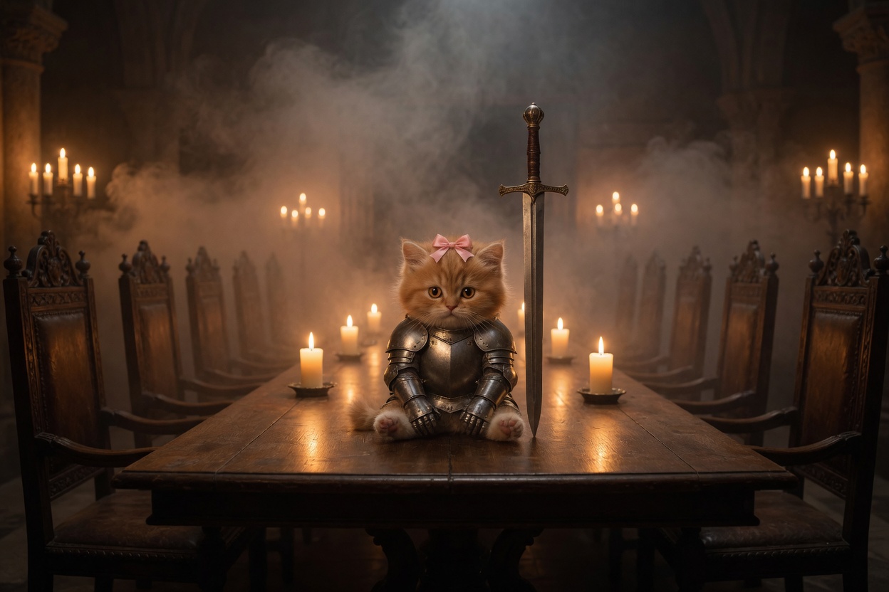 The kitten in plate armor sits at the head of a long candlelit wooden table, a sword standing beside it.