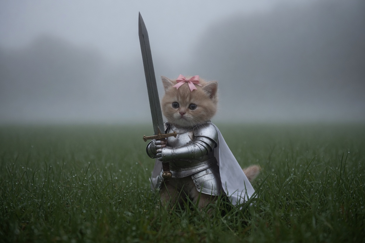 A tiny ginger kitten in silver plate armor and a pink bow, standing in wet grass and fog, holding a long sword upright.