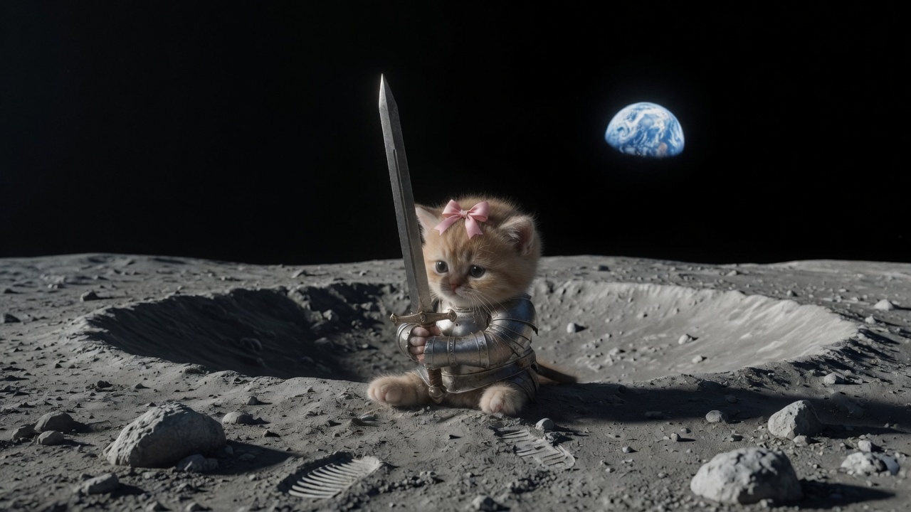 The same kitten in armor sits in a moon crater, sword raised, Earth hanging in the black sky.