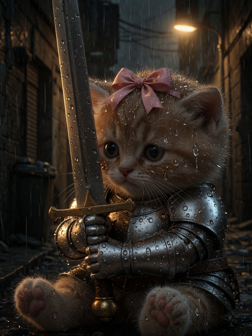 Close portrait of the rain-soaked ginger kitten in silver armor and a pink bow, gripping a sword in a dark alley.